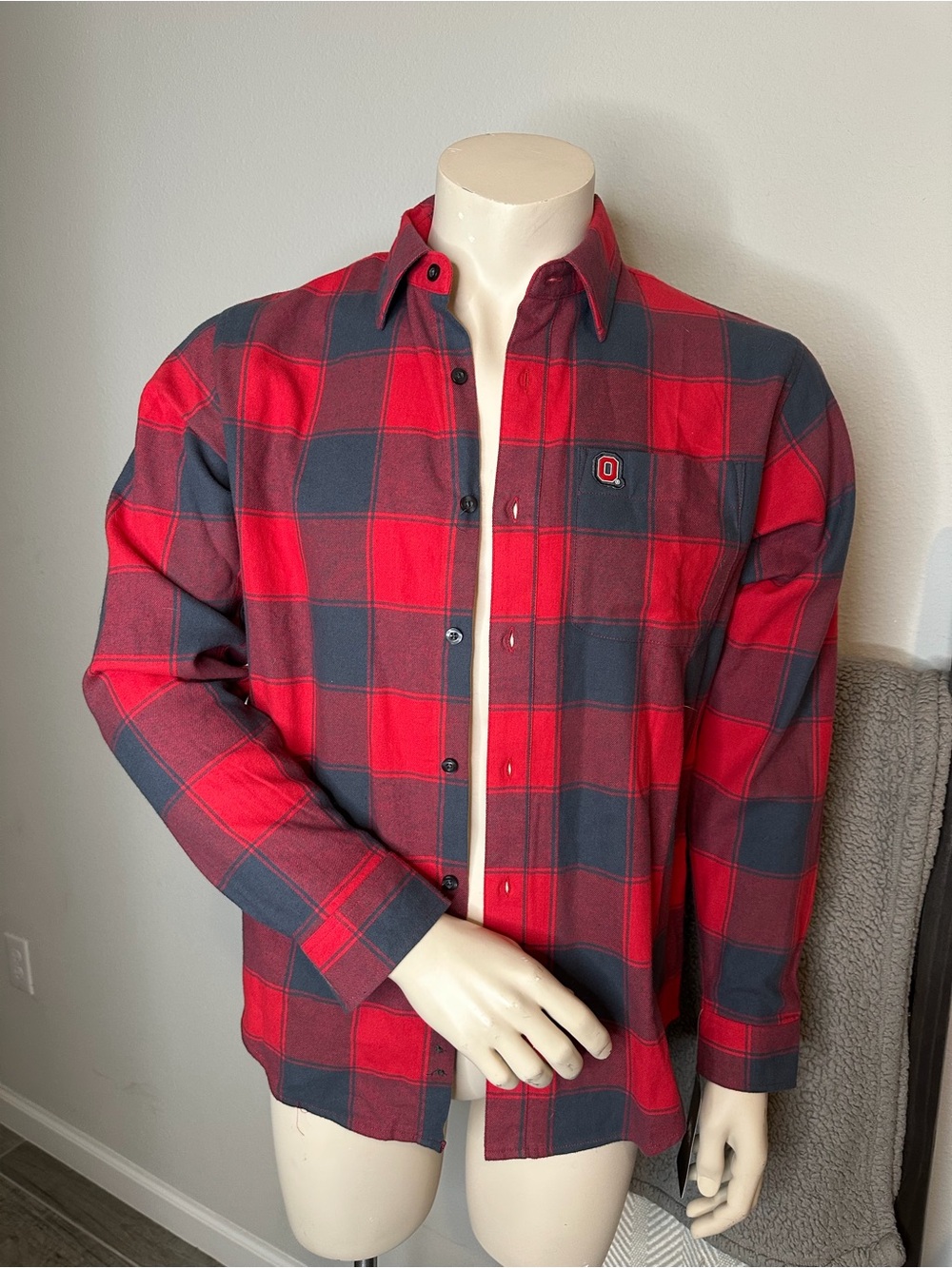 Men's Red and Gray Plaid Ohio State Button-Up Shirt